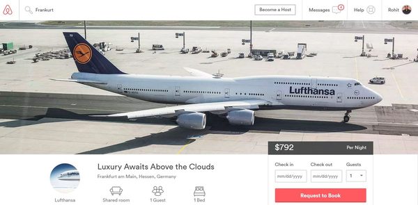 Lufthansa flight listed as a room on Airbnb