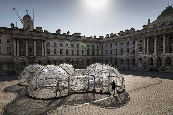 Interconnected geodesic domes of the Pollution Pods exhibit