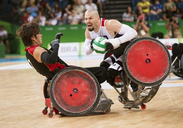 Athletes competing in Paralympic wheelchair rugby