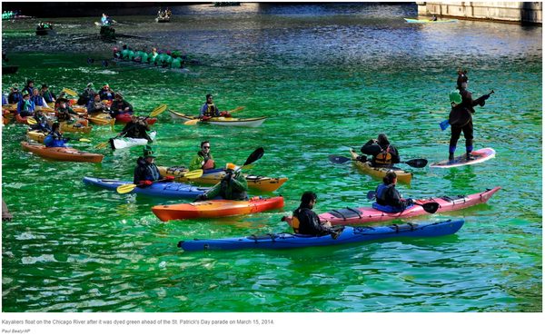 The Chicago River dyed bright green for St. Patrick's Day